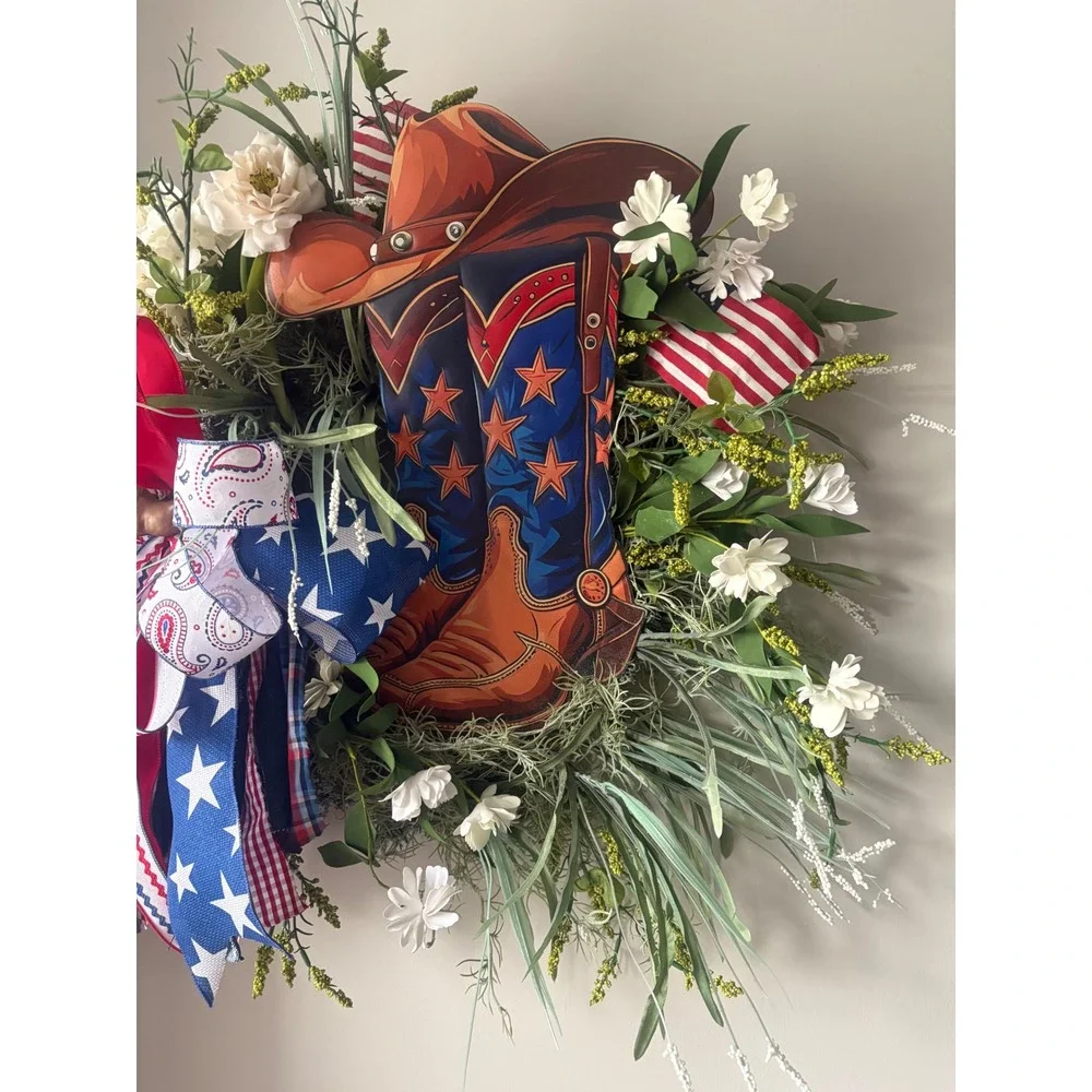 Patriotic Cowboy Wreath Western Boots Hat Front Door Decor Red, White Blue